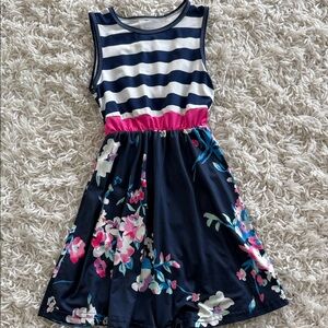 Girls Navy Stripe & Floral Sleeveless Dress with Pink Waistband
